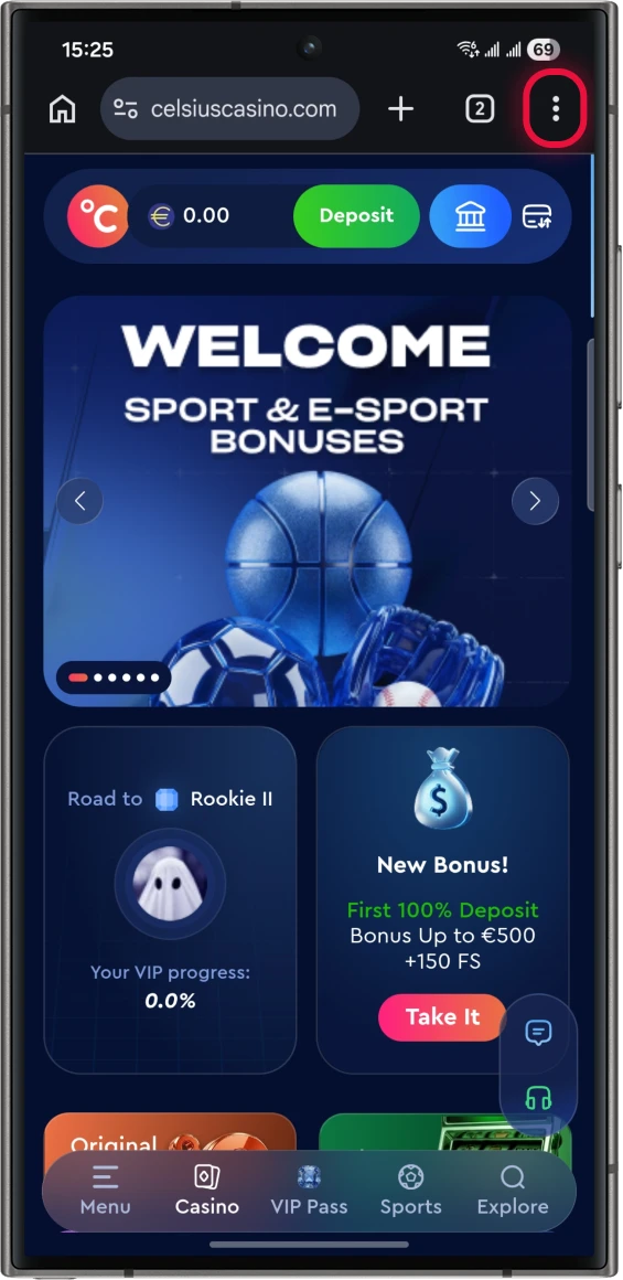 Celsius Casino Android steg 1