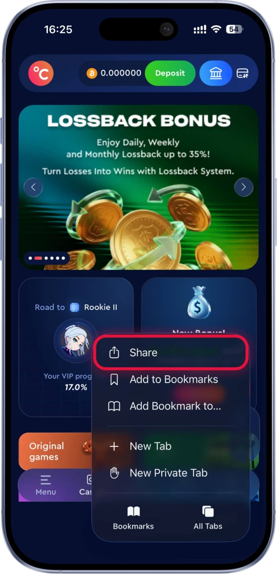 Celsius Casino iPhone steg 1